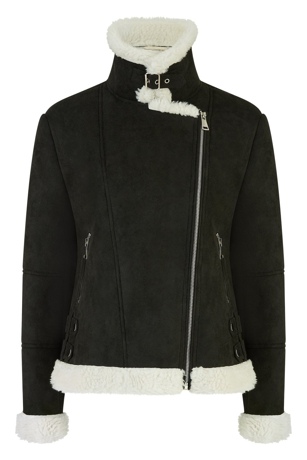 Black Faux Suede And ShearlingBiker Jacket