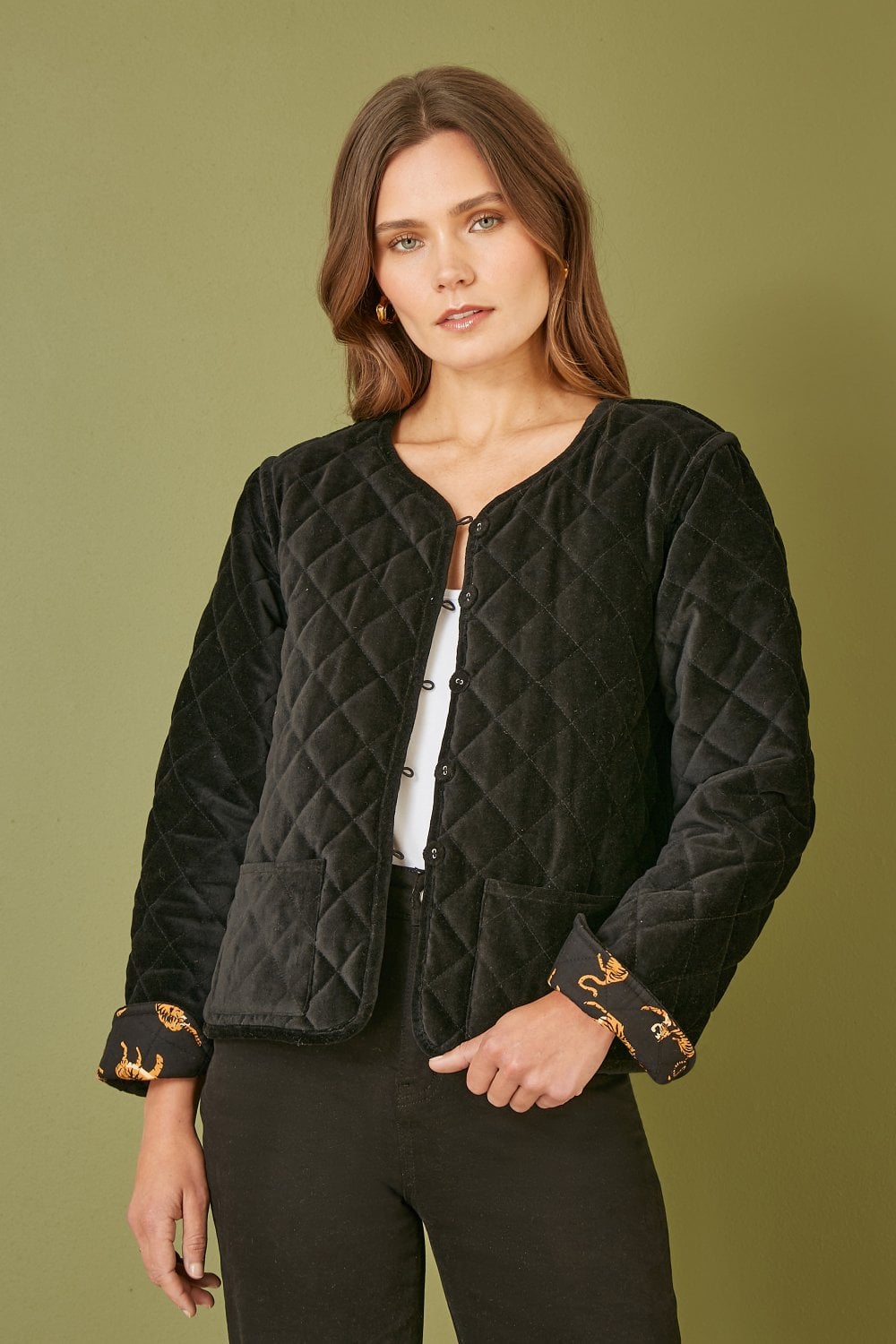 Black Velvet Quilted Jacket With Reversible Leopard Lining