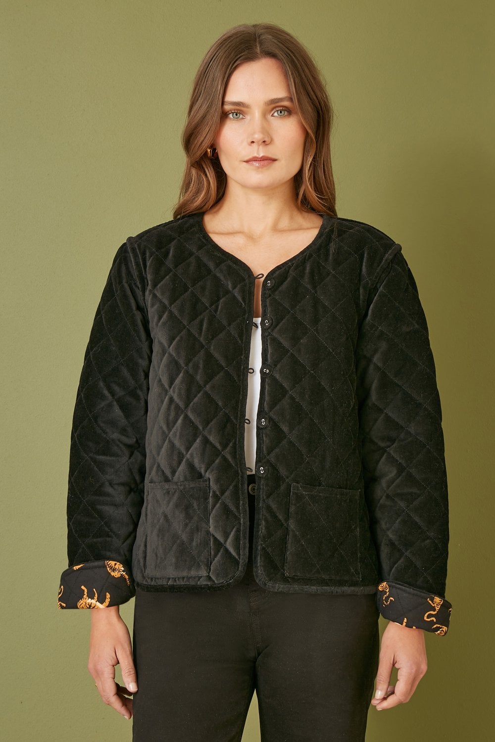 Black Velvet Quilted Jacket With Reversible Leopard Lining