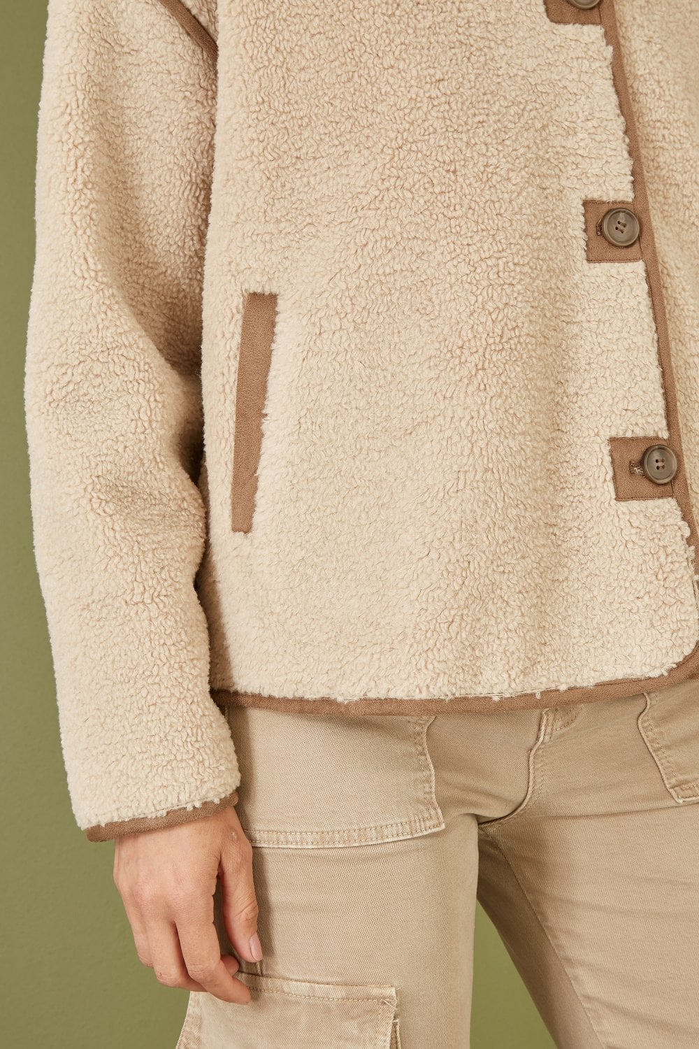 Cream Borg High Neck Jacket With Faux Leather Trims