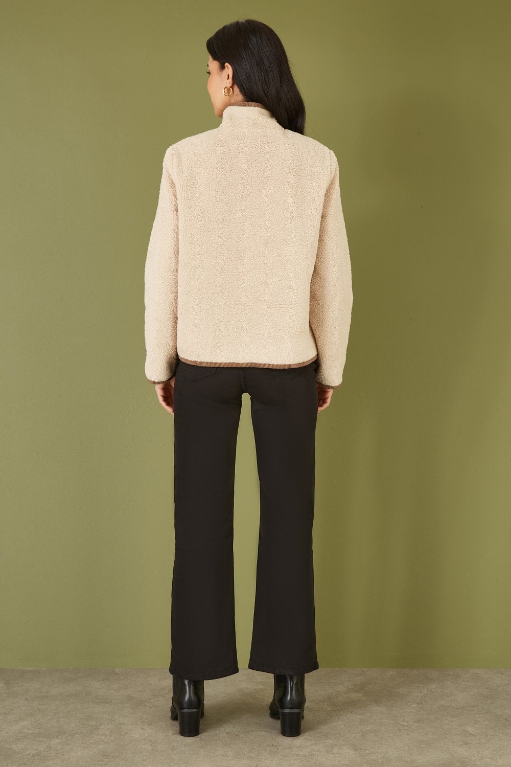 Cream Borg Jacket With Faux Leather Button Details