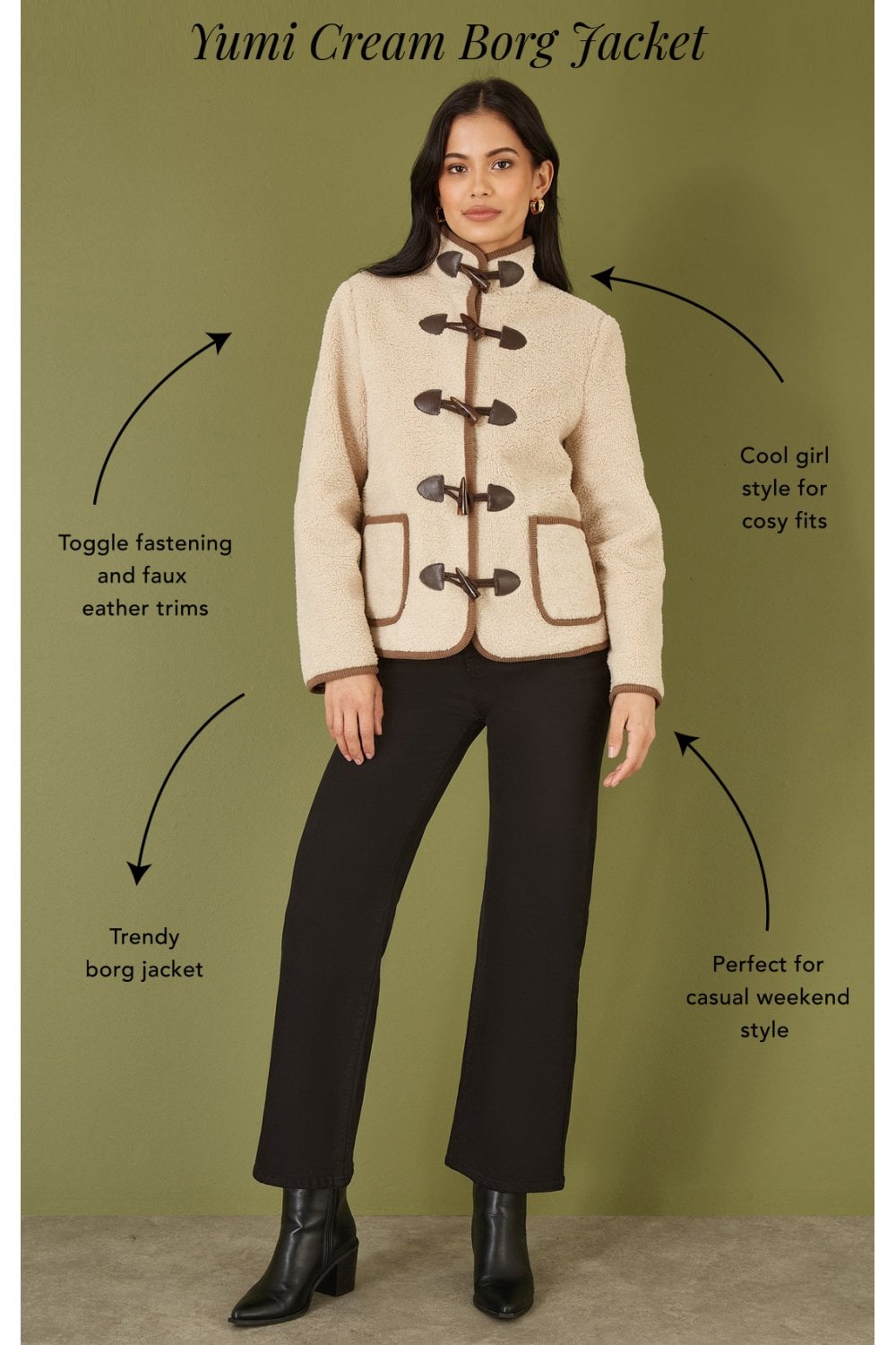 Cream Borg Jacket With Faux Leather Button Details