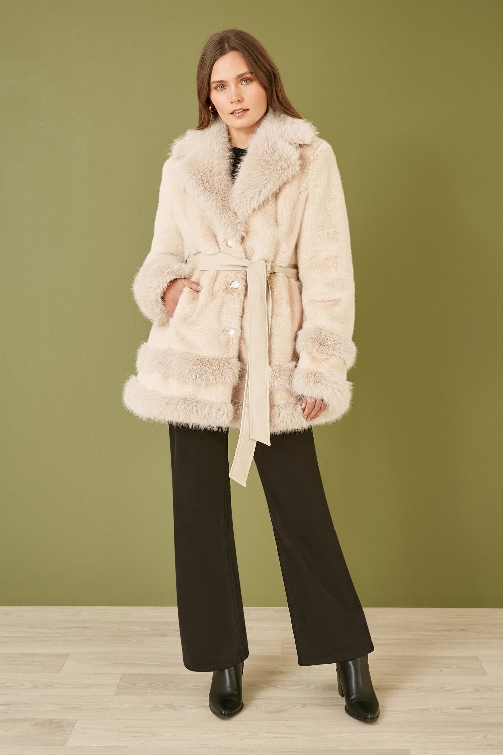 Cream Luxe Faux Fur Swing Coat With Tie Belt
