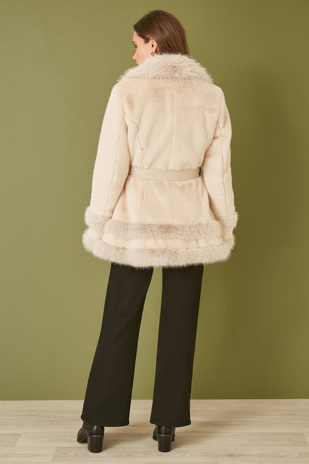 Cream Luxe Faux Fur Swing Coat With Tie Belt